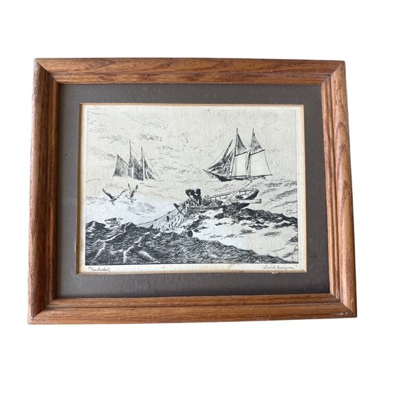 Lionel Barrymore Framed Nautical Etching With Sailboats & Seagulls On Rough Sea - Picture 1 of 10